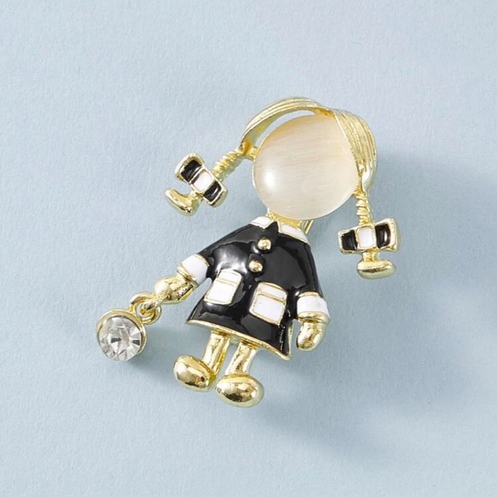 ๐ Lovely Faux Pearl Rhinestone School Girl Brooch Pin ๐